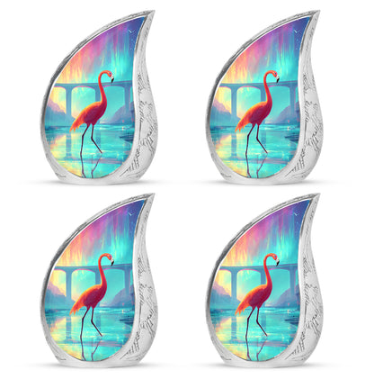 Sky Blue Flamingo Cremation Urn close-up of engraving and surface detail - rounded teardrop flamingo design with delicate detail - 10 inch aluminum urn for cremated remains