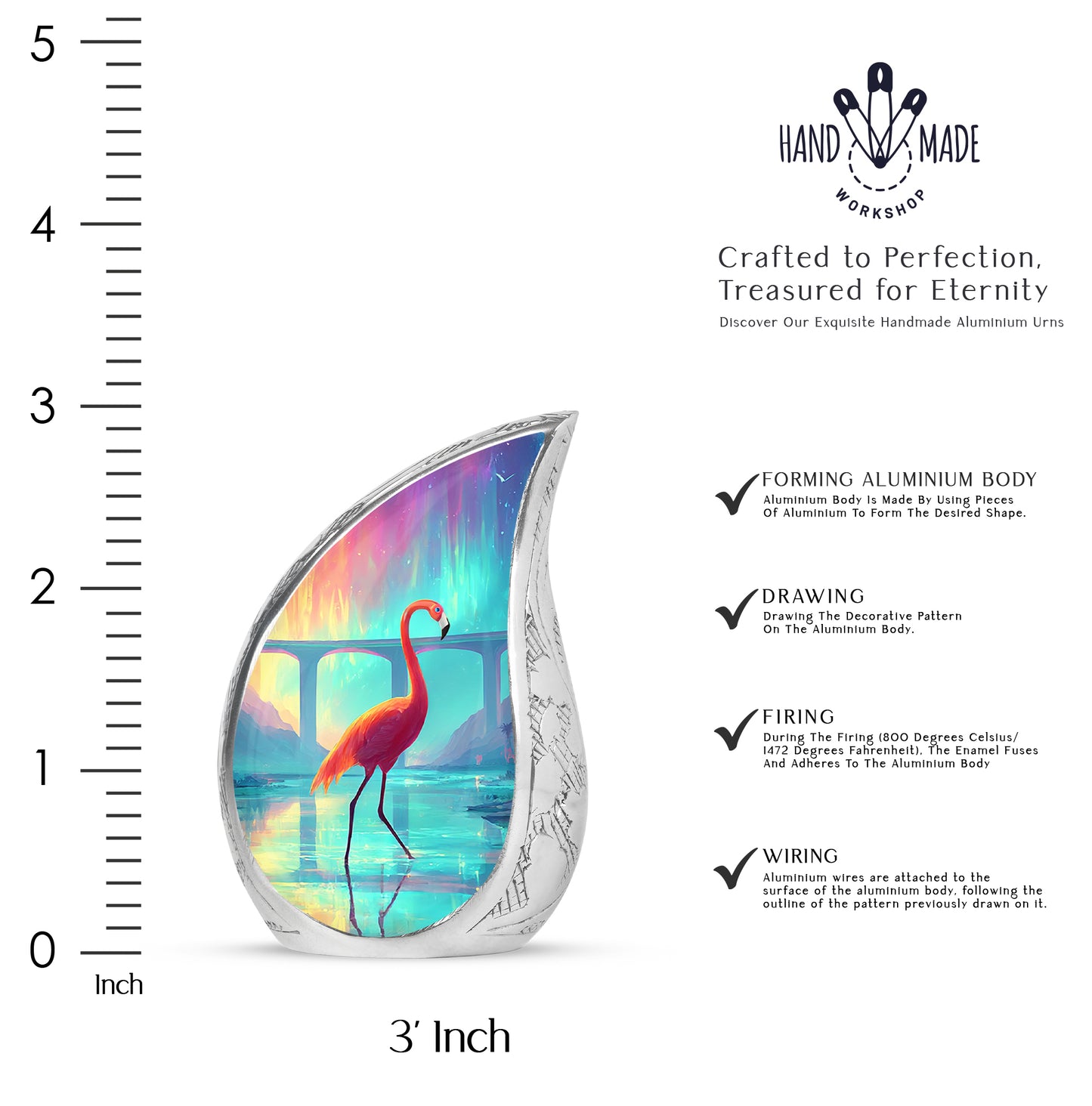 Indigo Flamingo Cremation Urn angled view of lid and engraved motif - flowing teardrop flamingo silhouette on curved aluminum - mini keepsake memorial for portion of cremation ashes