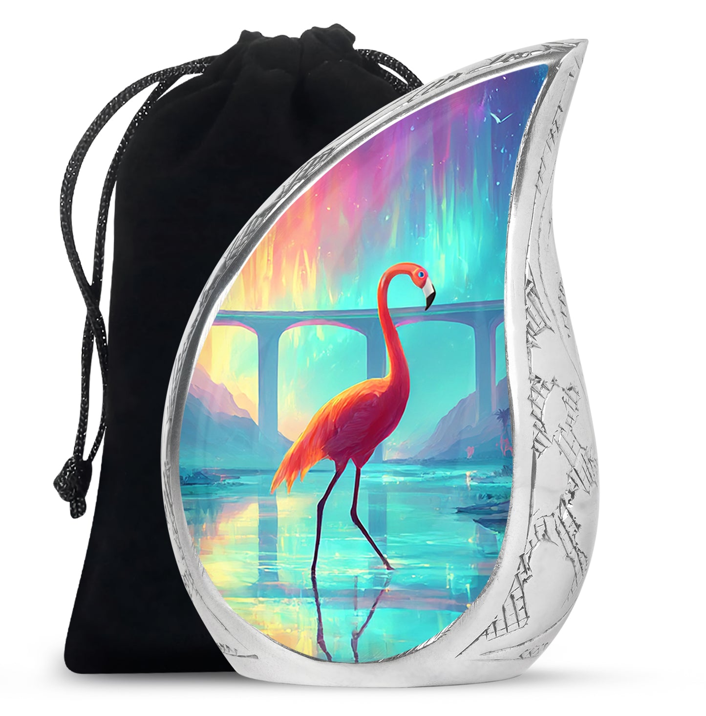 Azure Flamingo Cremation Urn front view showing detailed design - flowing teardrop flamingo silhouette on curved aluminum - full-size 10 inch 200 cubic inch adult cremation urn