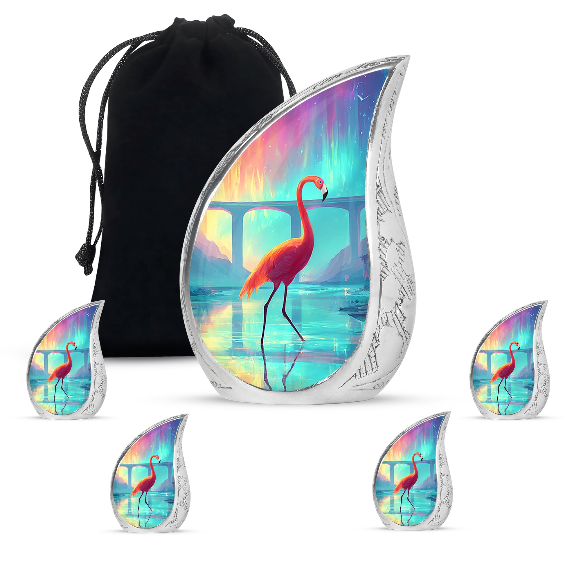 Sapphire Blue Flamingo Cremation Urn side profile showing urn shape - graceful tear-shaped urn with flamingo motif - memorial set with one large and four small urns
