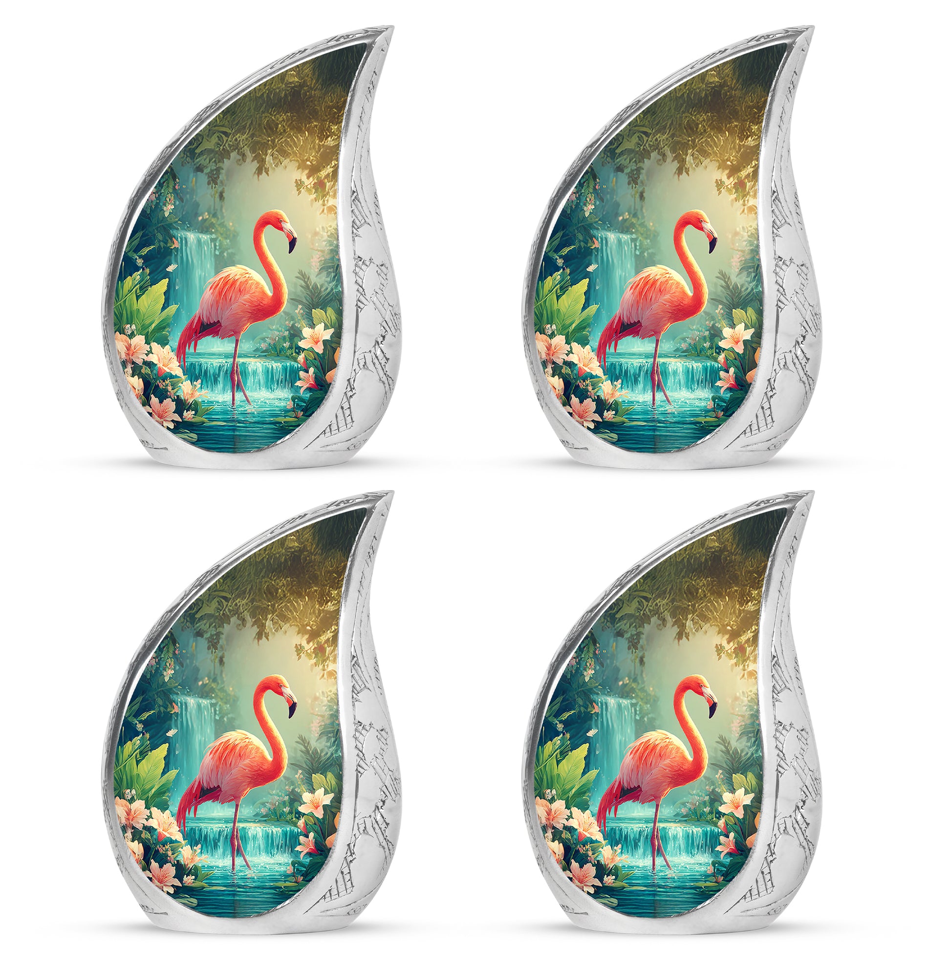 Bright Blue Flamingo Cremation Urn close-up of engraving and surface detail - graceful tear-shaped urn with flamingo motif - 10 inch aluminum urn for cremated remains