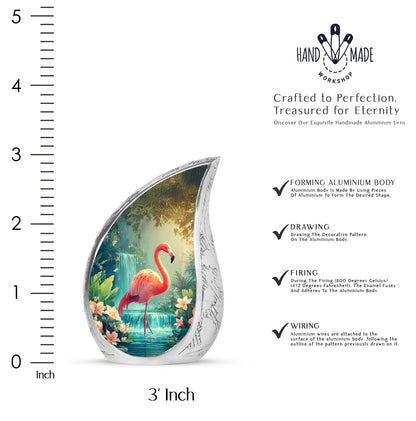 Twilight Blue Flamingo Cremation Urn angled view of lid and engraved motif - smooth teardrop contour featuring flamingo art - mini keepsake memorial for portion of cremation ashes