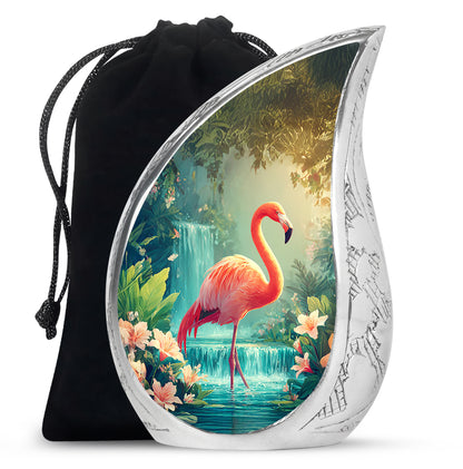 Sky Blue Flamingo Cremation Urn front view showing detailed design - rounded teardrop flamingo design with delicate detail - full-size 10 inch 200 cubic inch adult cremation urn