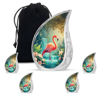 Misty Blue Flamingo Cremation Urn side profile showing urn shape - flowing teardrop flamingo silhouette on curved aluminum - memorial set with one large and four small urns