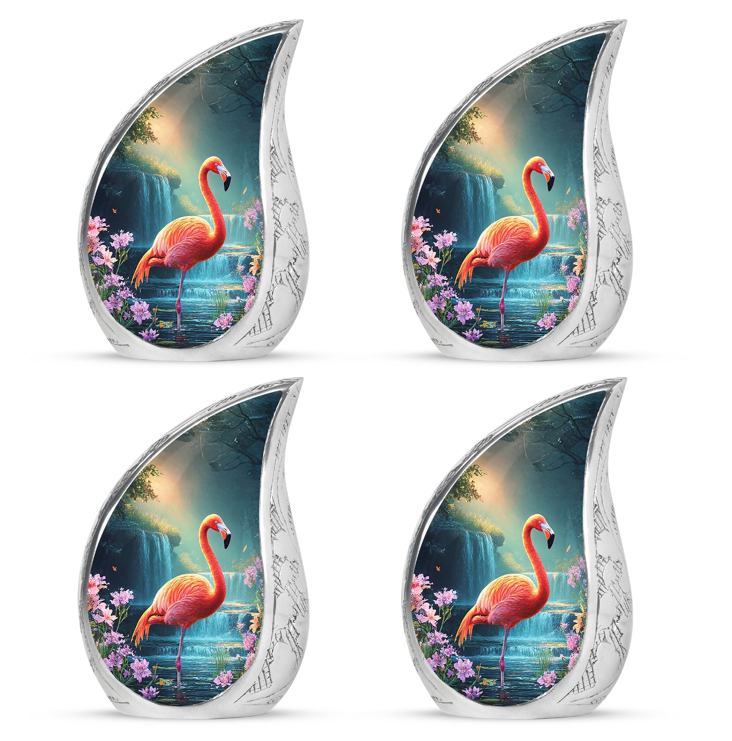 Misty Blue Flamingo Cremation Urn close-up of engraving and surface detail - rounded teardrop flamingo design with delicate detail - 10 inch aluminum urn for cremated remains