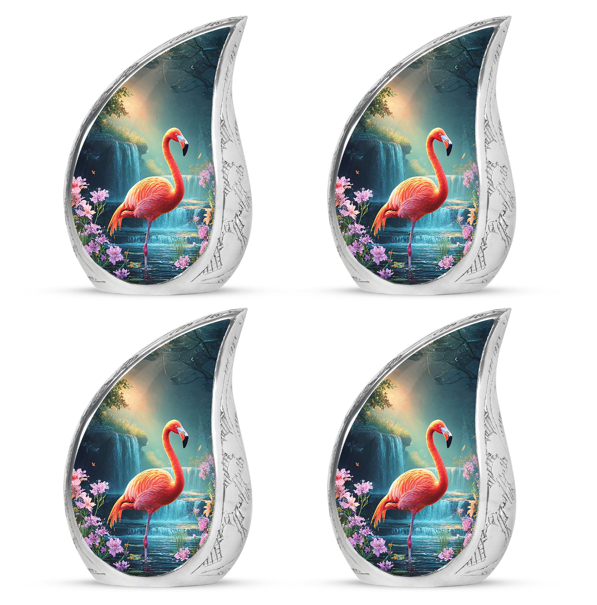 Misty Blue Flamingo Cremation Urn close-up of engraving and surface detail - rounded teardrop flamingo design with delicate detail - 10 inch aluminum urn for cremated remains