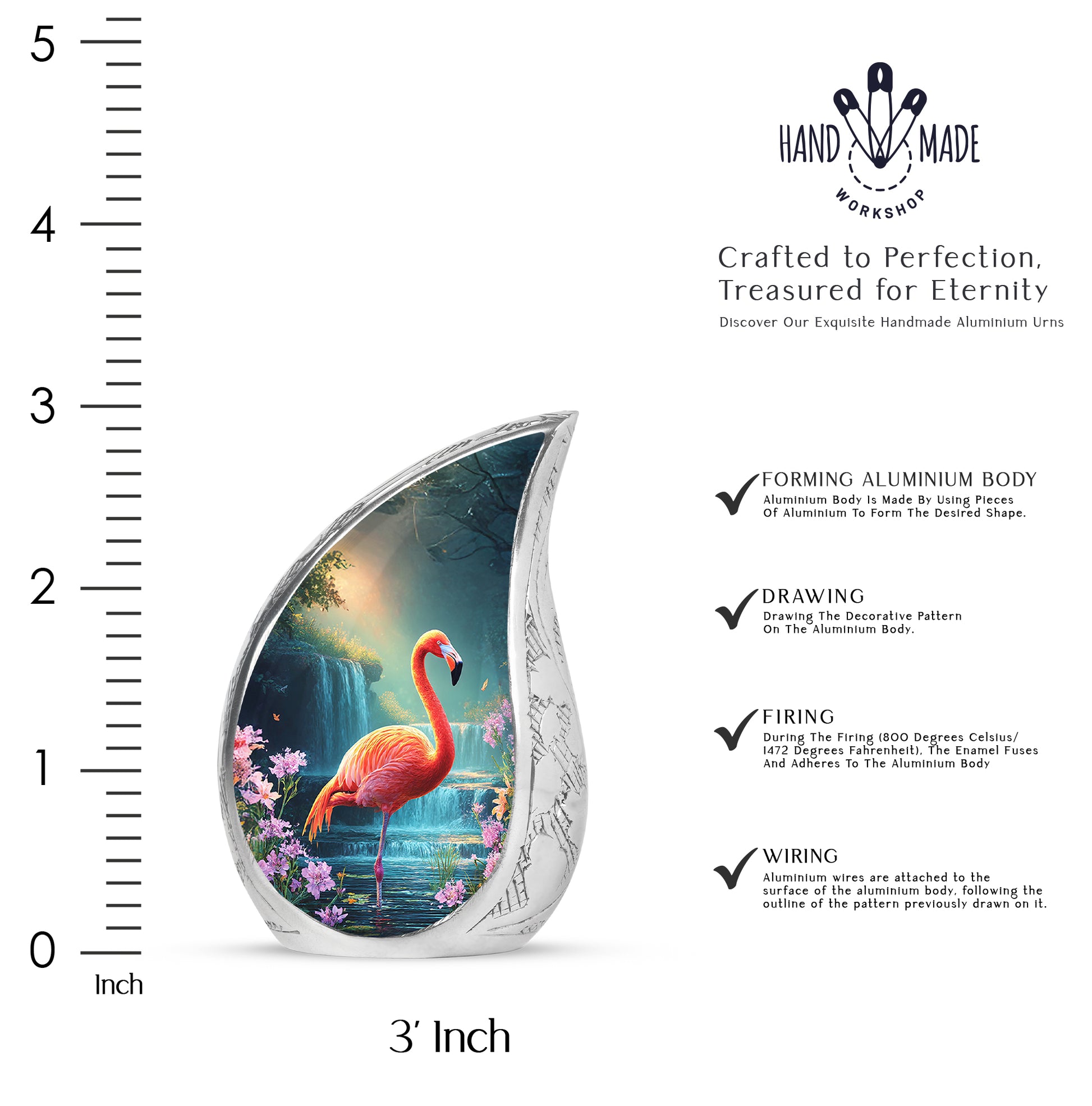 Navy Blue Flamingo Cremation Urn angled view of lid and engraved motif - rounded teardrop flamingo design with delicate detail - mini keepsake memorial for portion of cremation ashes