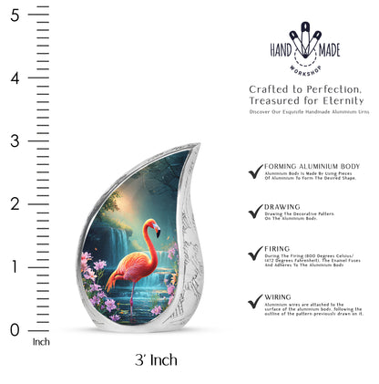 Navy Blue Flamingo Cremation Urn angled view of lid and engraved motif - rounded teardrop flamingo design with delicate detail - mini keepsake memorial for portion of cremation ashes