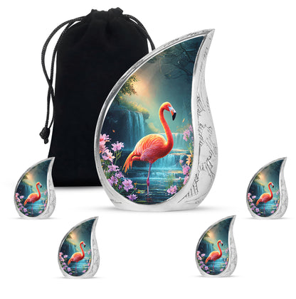 Sky Blue Flamingo Cremation Urn side profile showing urn shape - rounded teardrop flamingo design with delicate detail - memorial set with one large and four small urns