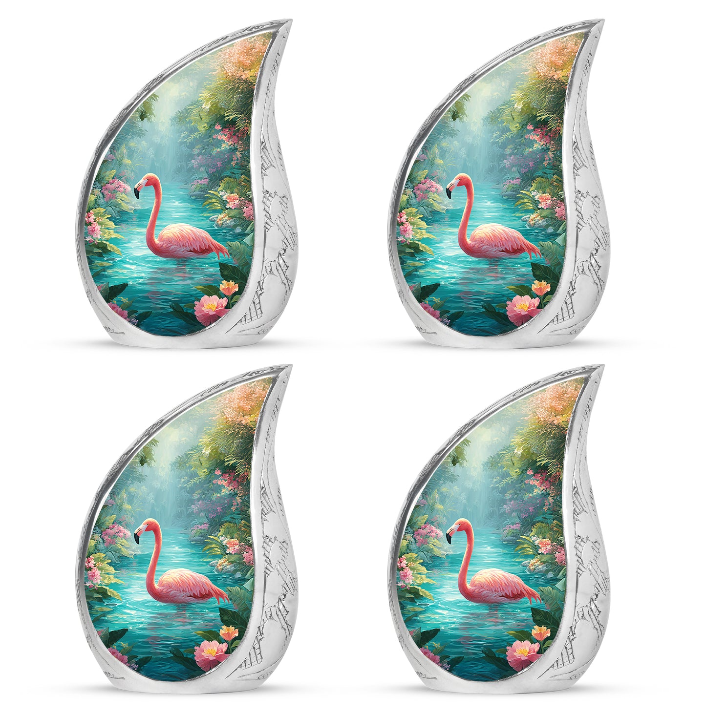 Vivid Teal Flamingo Cremation Urn close-up of engraving and surface detail - smooth teardrop contour featuring flamingo art - 10 inch aluminum urn for cremated remains