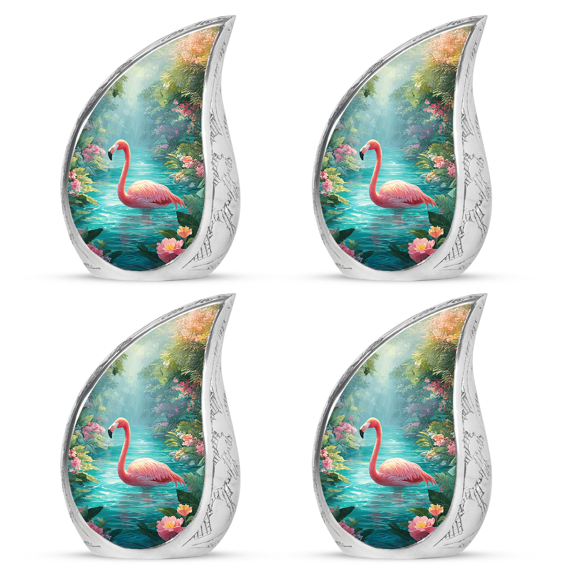 Vivid Teal Flamingo Cremation Urn close-up of engraving and surface detail - smooth teardrop contour featuring flamingo art - 10 inch aluminum urn for cremated remains