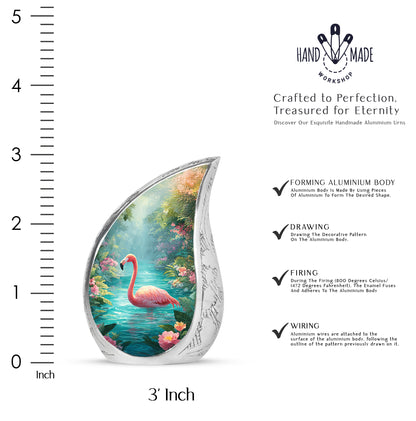 Jewel Teal Flamingo Cremation Urn angled view of lid and engraved motif - rounded teardrop flamingo design with delicate detail - mini keepsake memorial for portion of cremation ashes