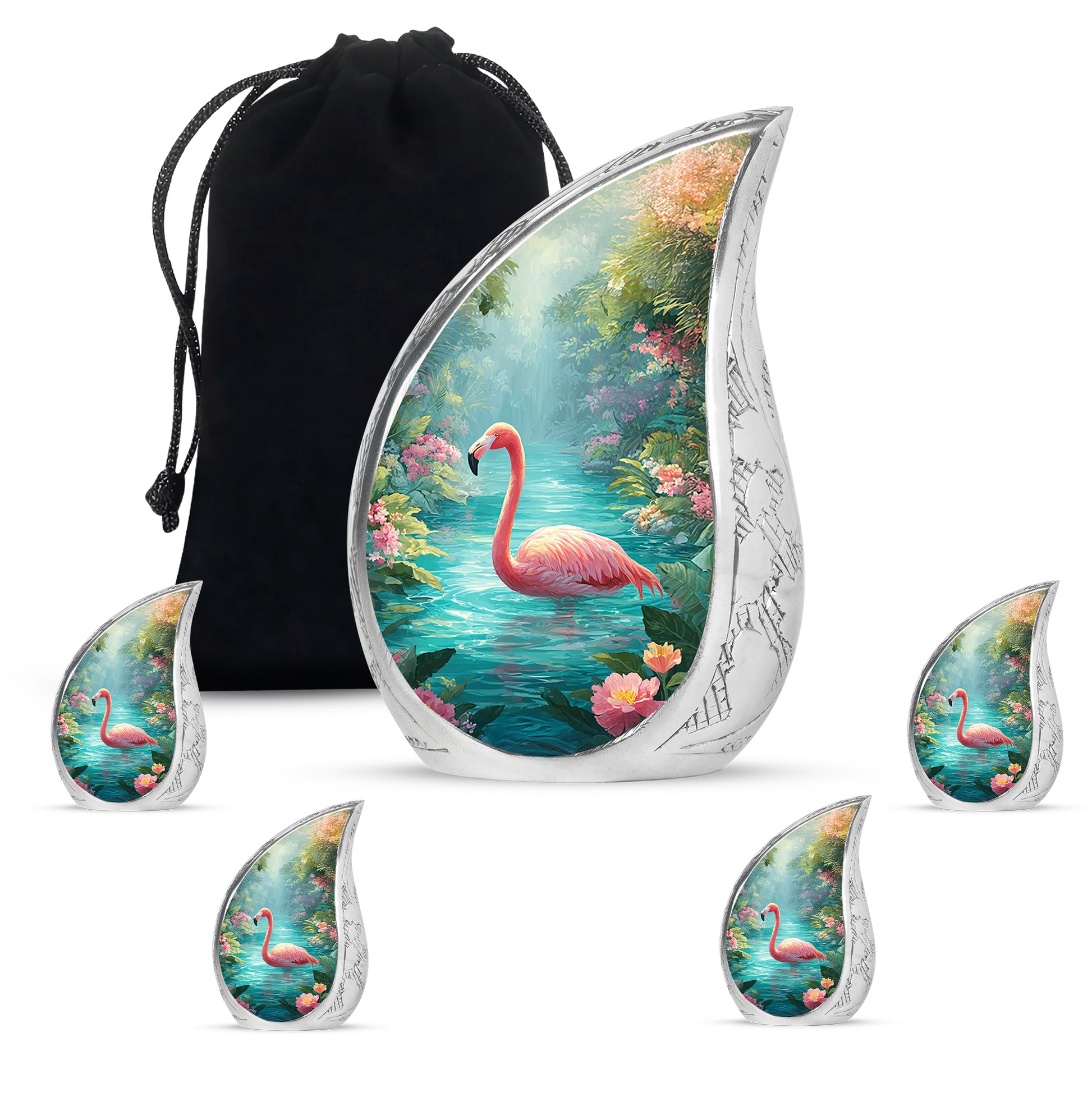 Ocean Teal Flamingo Cremation Urn side profile showing urn shape - rounded teardrop flamingo design with delicate detail - memorial set with one large and four small urns