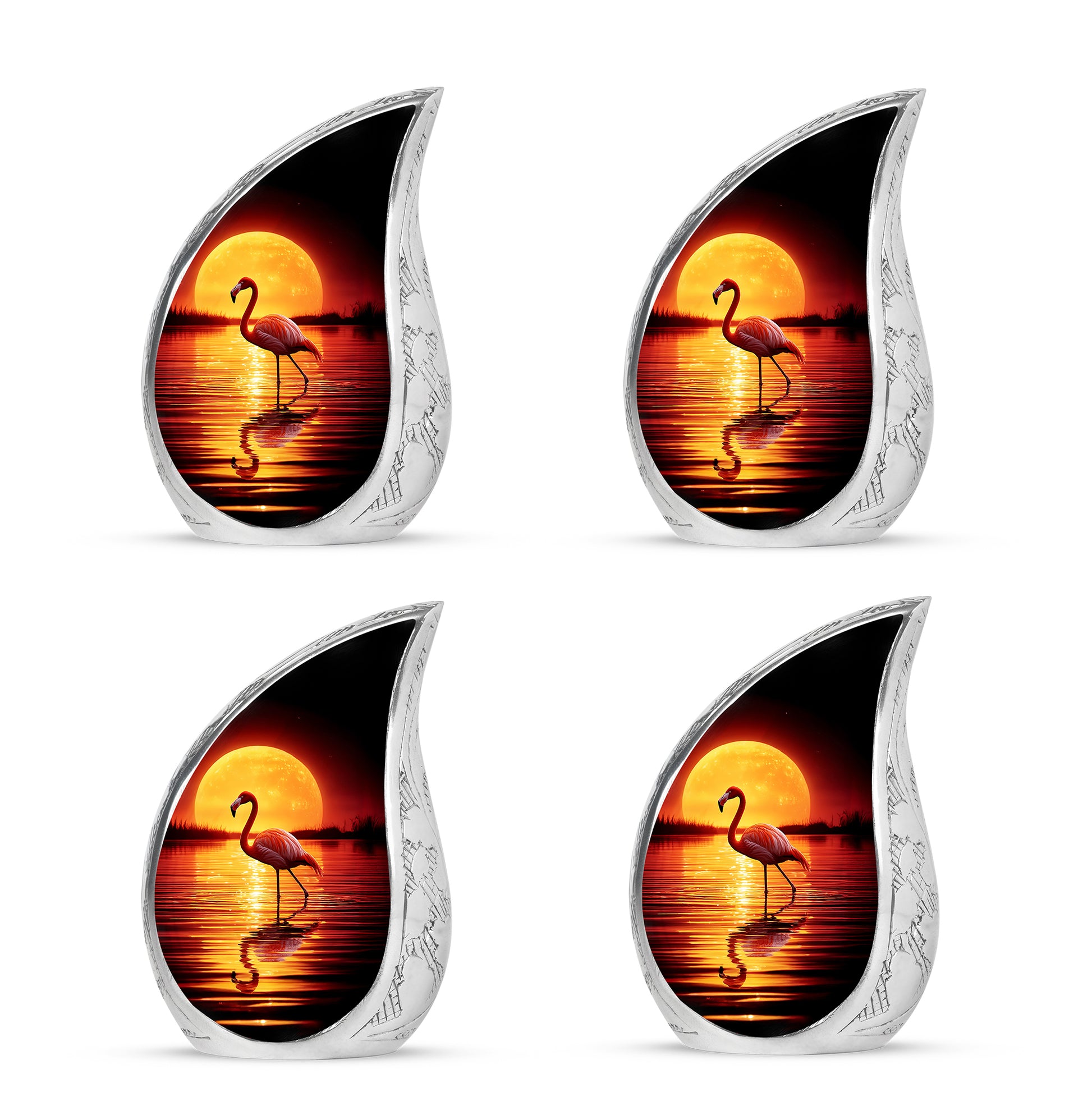 Midnight Black Flamingo Cremation Urn close-up of engraving and surface detail - graceful tear-shaped urn with flamingo motif - 10 inch aluminum urn for cremated remains