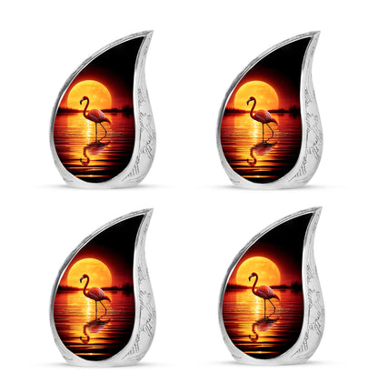 Midnight Black Flamingo Cremation Urn close-up of engraving and surface detail - graceful tear-shaped urn with flamingo motif - 10 inch aluminum urn for cremated remains