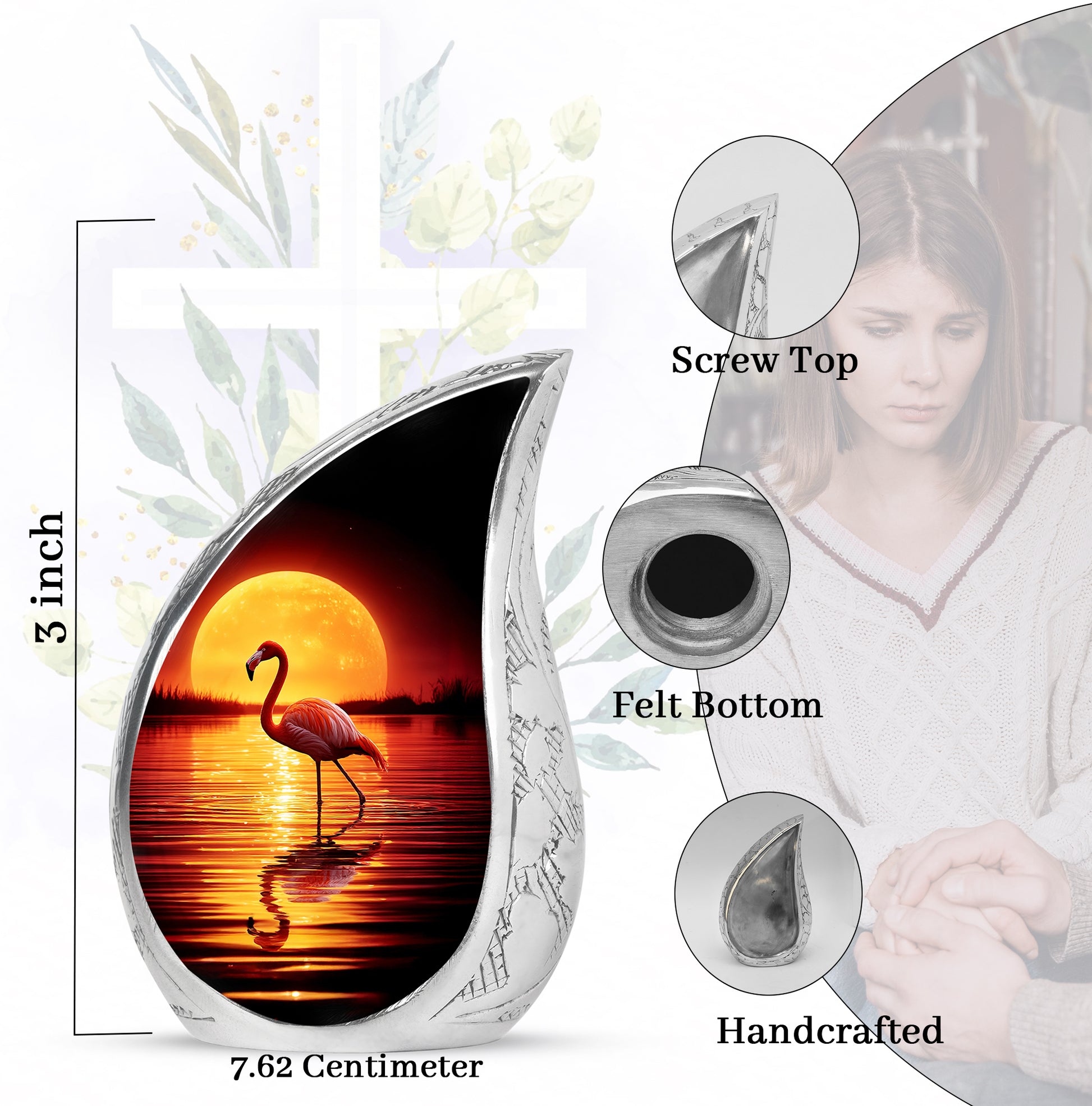 Deep Black Flamingo Cremation Urn angled view of lid and engraved motif - rounded teardrop flamingo design with delicate detail - mini keepsake memorial for portion of cremation ashes
