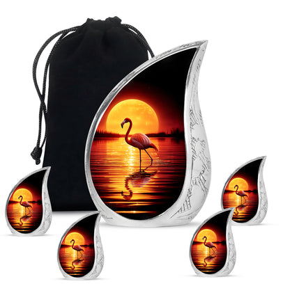 Jet Black Flamingo Cremation Urn side profile showing urn shape - rounded teardrop flamingo design with delicate detail - memorial set with one large and four small urns