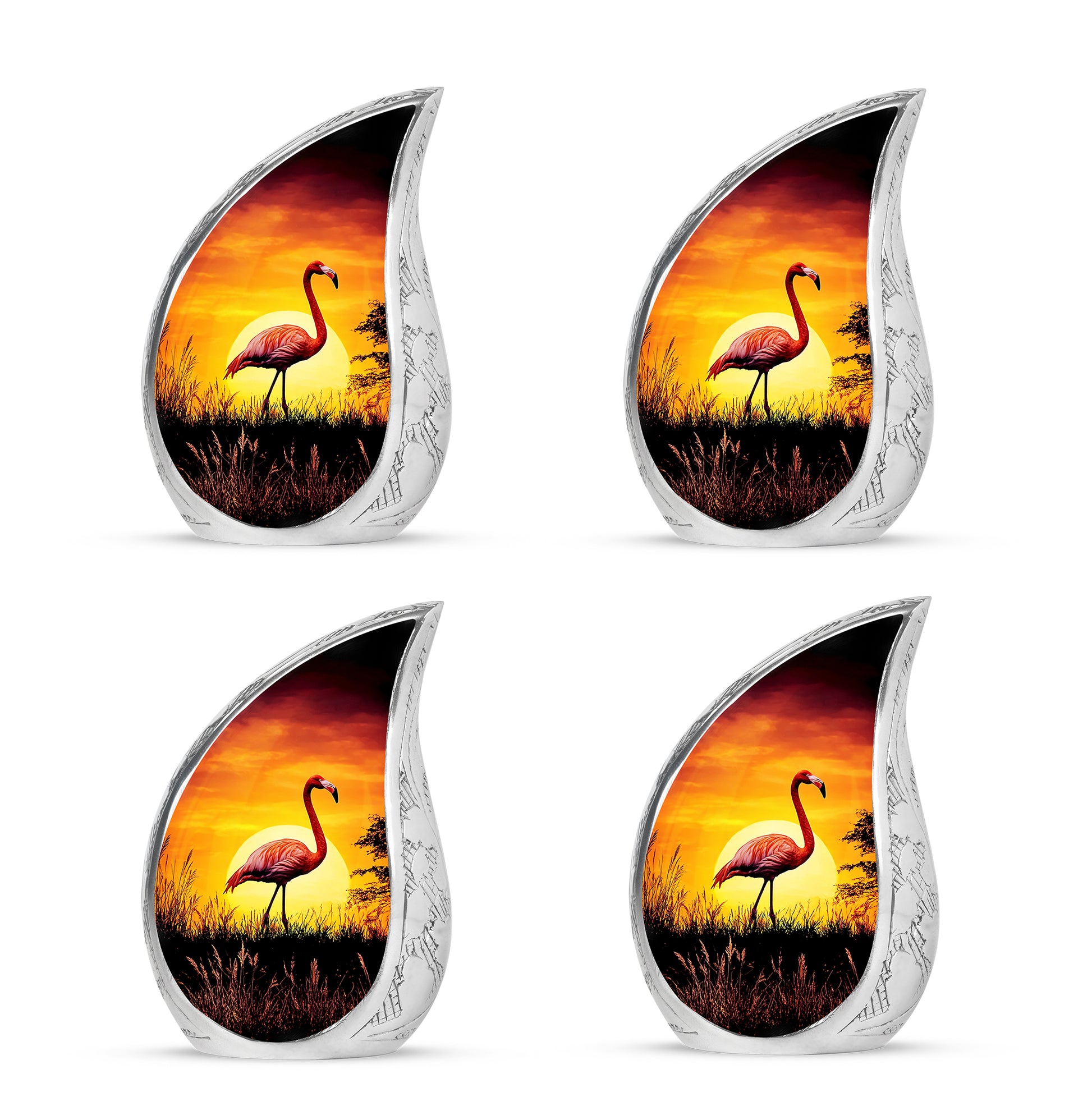 Glossy Black Flamingo Cremation Urn close-up of engraving and surface detail - flowing teardrop flamingo silhouette on curved aluminum - 10 inch aluminum urn for cremated remains