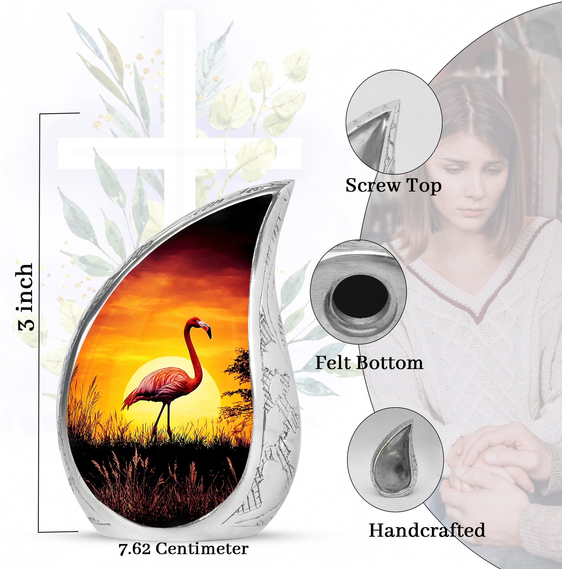Dark Black Flamingo Cremation Urn angled view of lid and engraved motif - graceful tear-shaped urn with flamingo motif - mini keepsake memorial for portion of cremation ashes