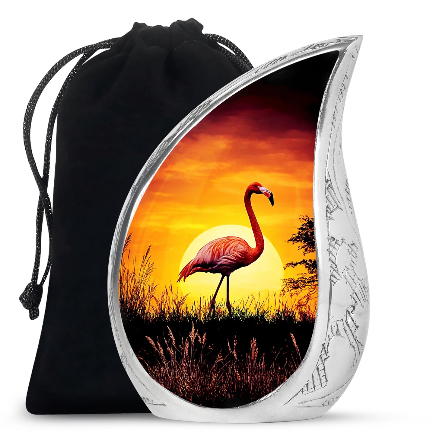 Glossy Black Flamingo Cremation Urn front view showing detailed design - rounded teardrop flamingo design with delicate detail - full-size 10 inch 200 cubic inch adult cremation urn