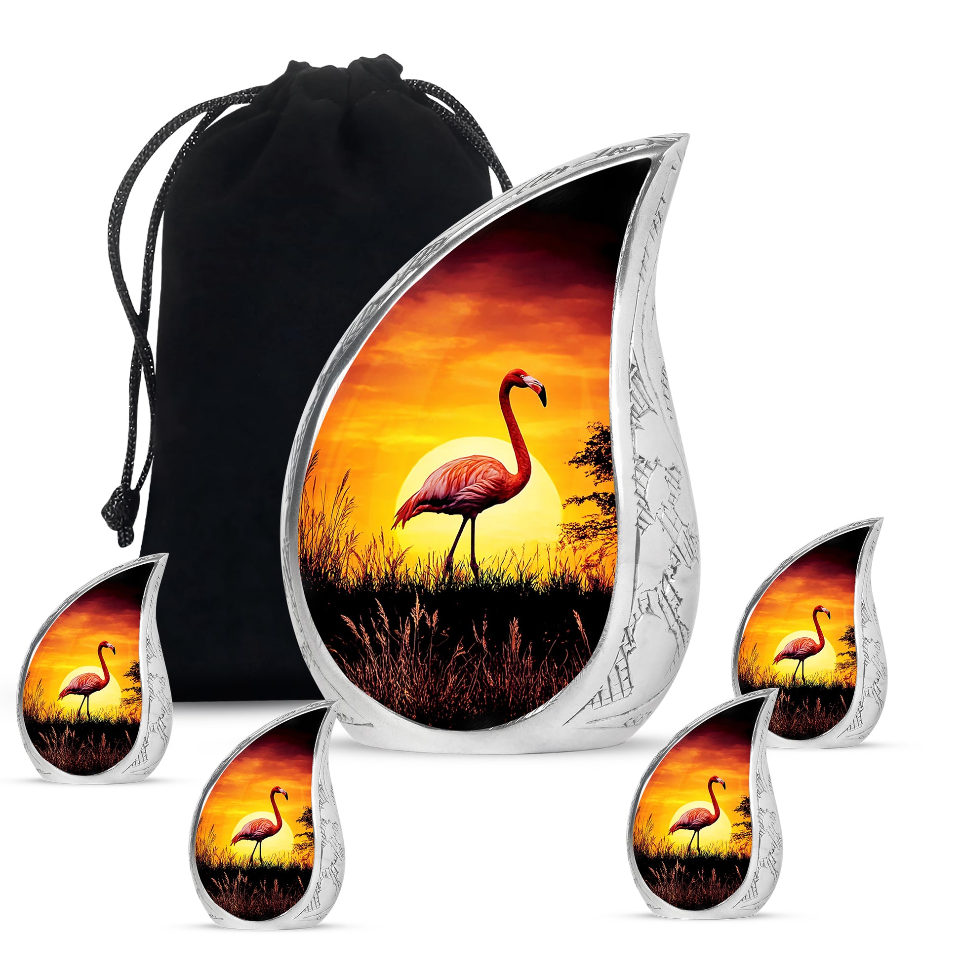 Onyx Black Flamingo Cremation Urn side profile showing urn shape - smooth teardrop contour featuring flamingo art - memorial set with one large and four small urns