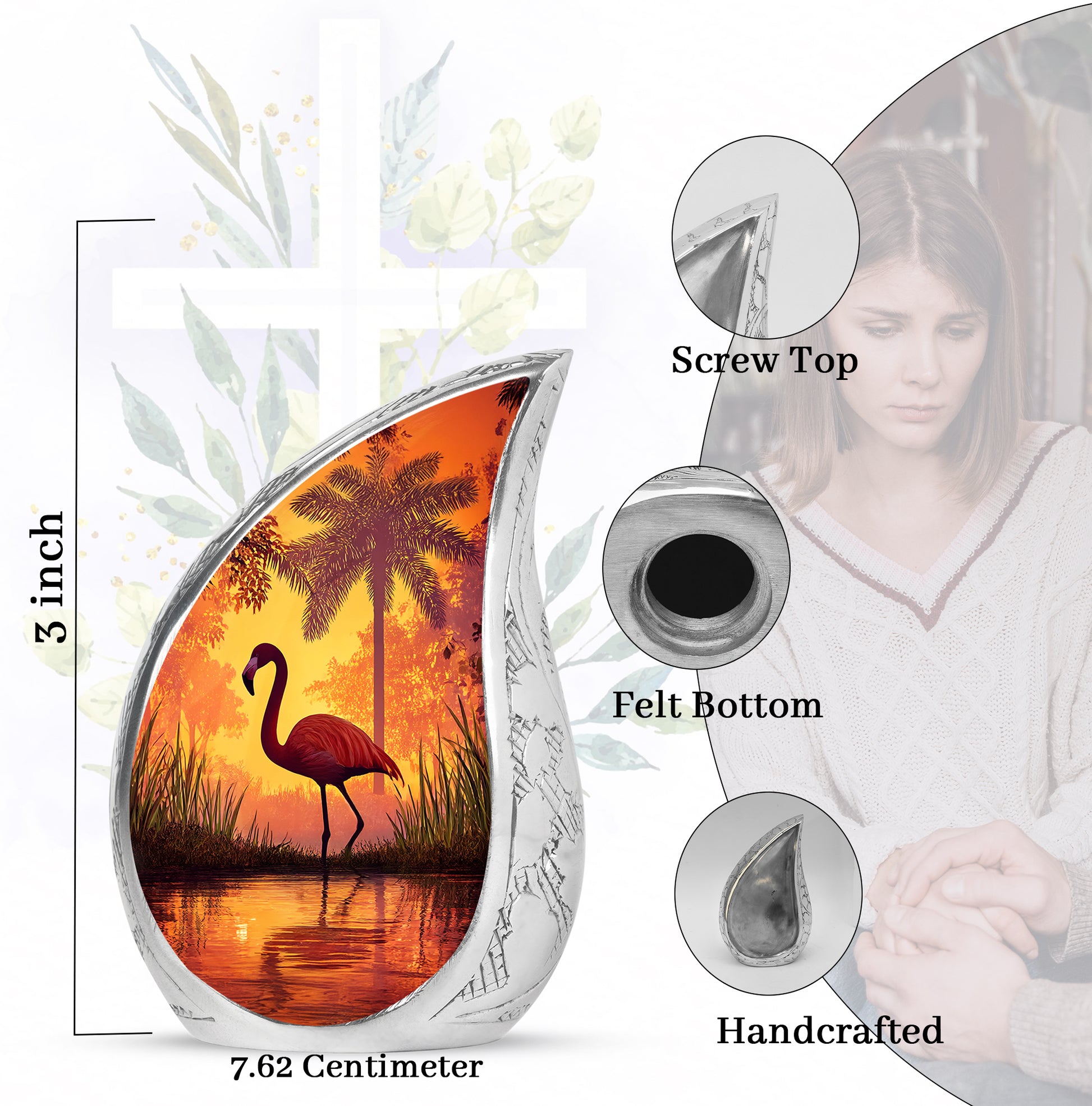 Scarlet Red Flamingo Cremation Urn angled view of lid and engraved motif - graceful tear-shaped urn with flamingo motif - mini keepsake memorial for portion of cremation ashes