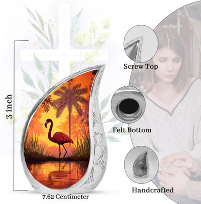 Scarlet Red Flamingo Cremation Urn angled view of lid and engraved motif - graceful tear-shaped urn with flamingo motif - mini keepsake memorial for portion of cremation ashes