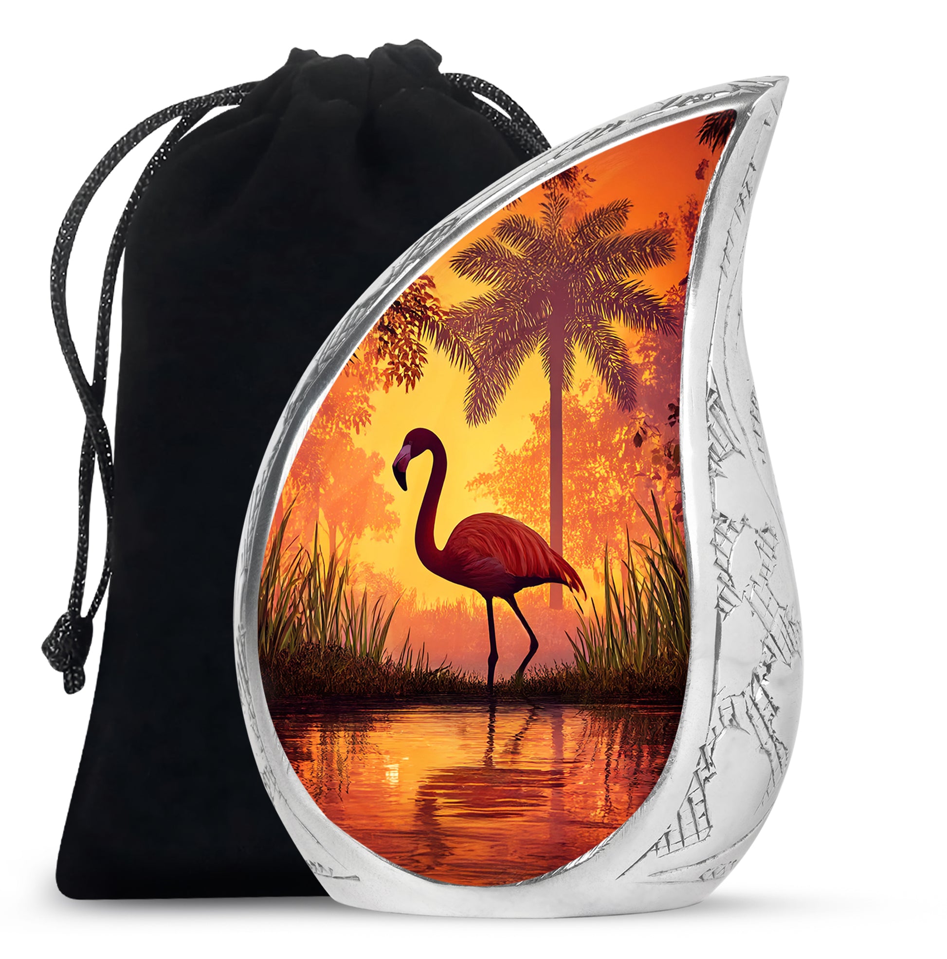Fiery Red Flamingo Cremation Urn front view showing detailed design - graceful tear-shaped urn with flamingo motif - full-size 10 inch 200 cubic inch adult cremation urn