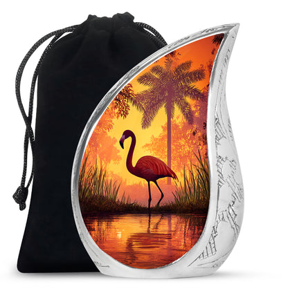 Fiery Red Flamingo Cremation Urn front view showing detailed design - graceful tear-shaped urn with flamingo motif - full-size 10 inch 200 cubic inch adult cremation urn