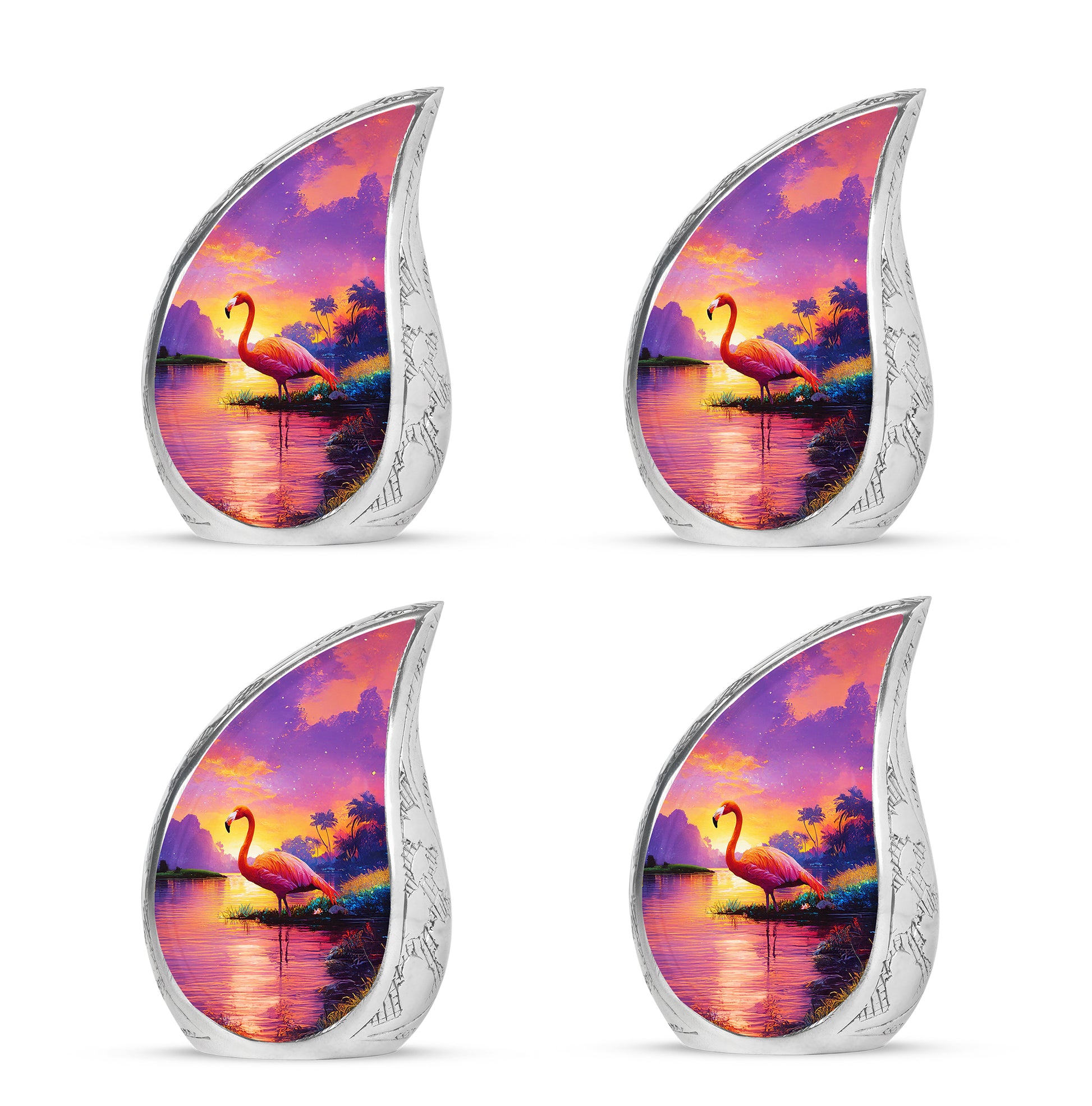 Peony Pink Flamingo Cremation Urn close-up of engraving and surface detail - flowing teardrop flamingo silhouette on curved aluminum - 10 inch aluminum urn for cremated remains