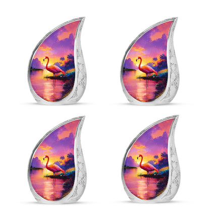 Peony Pink Flamingo Cremation Urn close-up of engraving and surface detail - flowing teardrop flamingo silhouette on curved aluminum - 10 inch aluminum urn for cremated remains