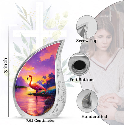 Peony Pink Flamingo Cremation Urn angled view of lid and engraved motif - rounded teardrop flamingo design with delicate detail - mini keepsake memorial for portion of cremation ashes