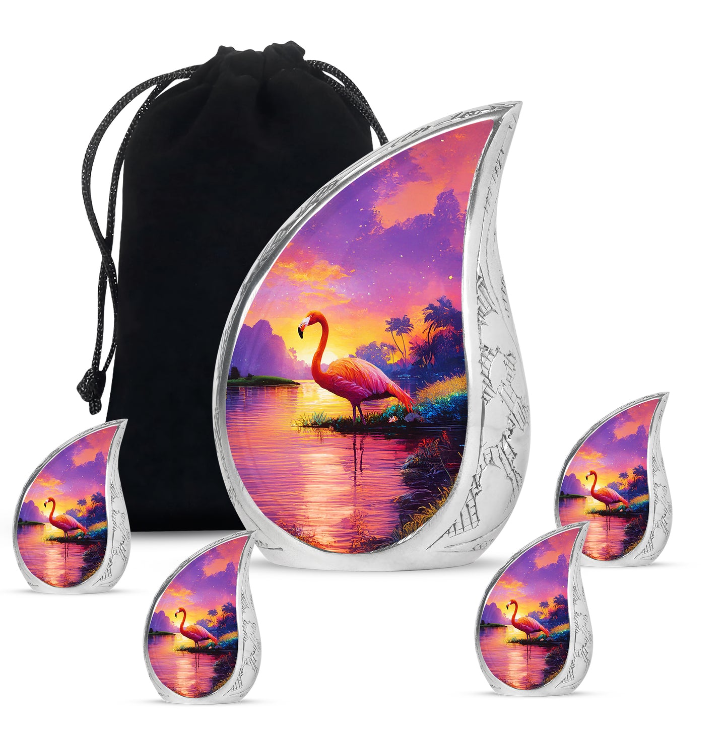 Blush Pink Flamingo Cremation Urn side profile showing urn shape - rounded teardrop flamingo design with delicate detail - memorial set with one large and four small urns