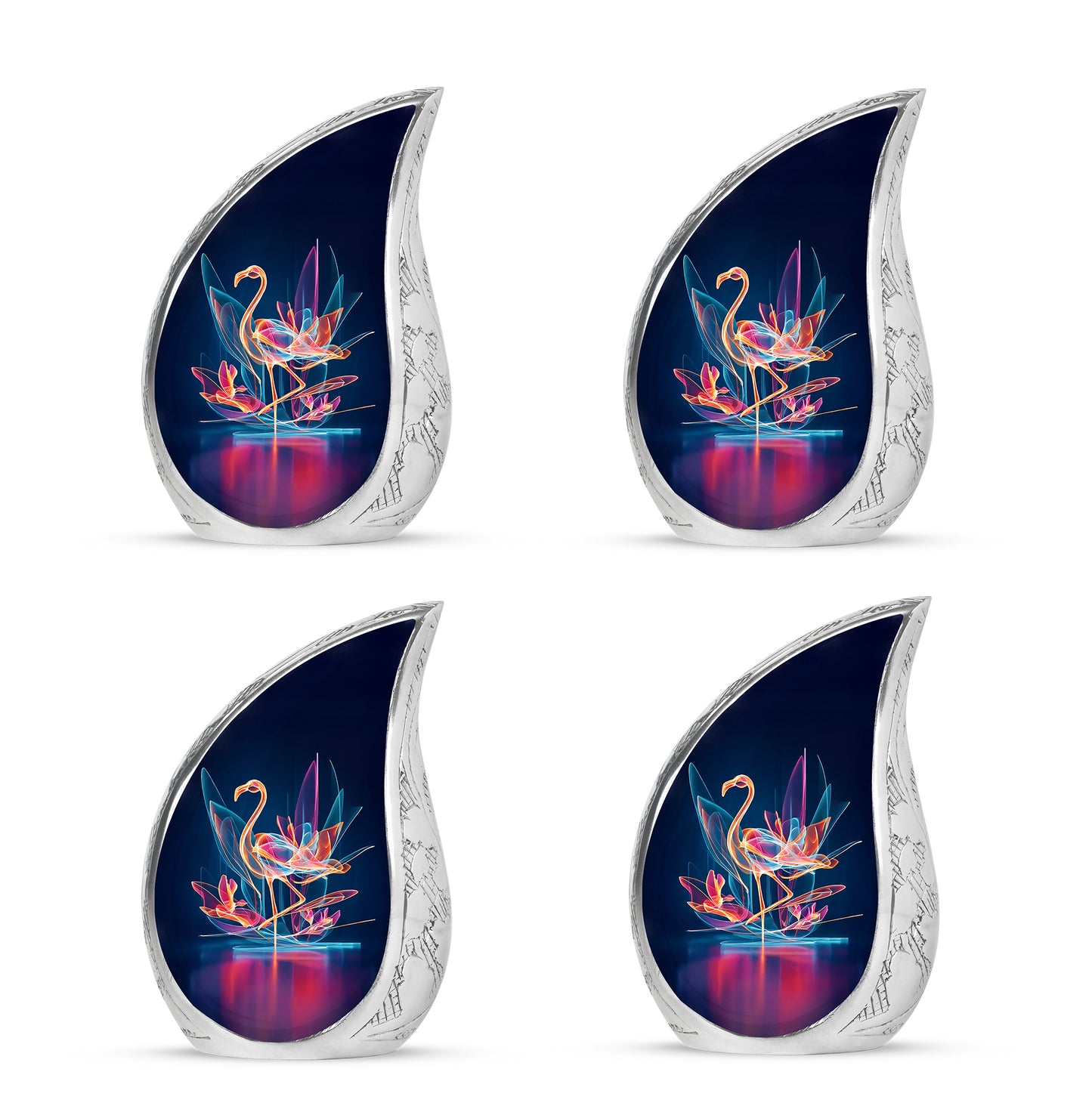 Royal Blue Flamingo Cremation Urn close-up of engraving and surface detail - graceful tear-shaped urn with flamingo motif - 10 inch aluminum urn for cremated remains