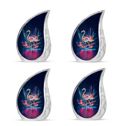 Royal Blue Flamingo Cremation Urn close-up of engraving and surface detail - graceful tear-shaped urn with flamingo motif - 10 inch aluminum urn for cremated remains