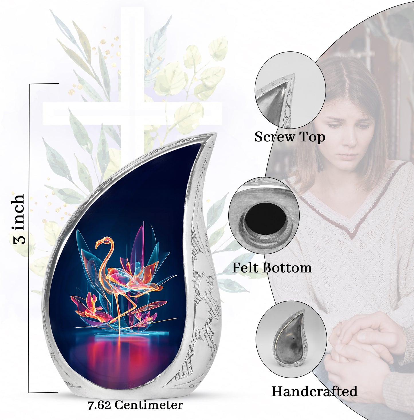 Sapphire Blue Flamingo Cremation Urn angled view of lid and engraved motif - smooth teardrop contour featuring flamingo art - mini keepsake memorial for portion of cremation ashes
