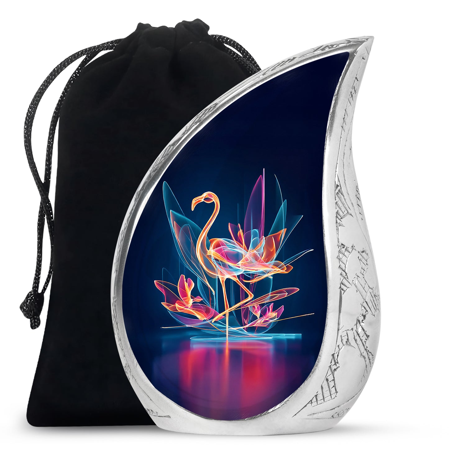 Cobalt Blue Flamingo Cremation Urn front view showing detailed design - smooth teardrop contour featuring flamingo art - full-size 10 inch 200 cubic inch adult cremation urn