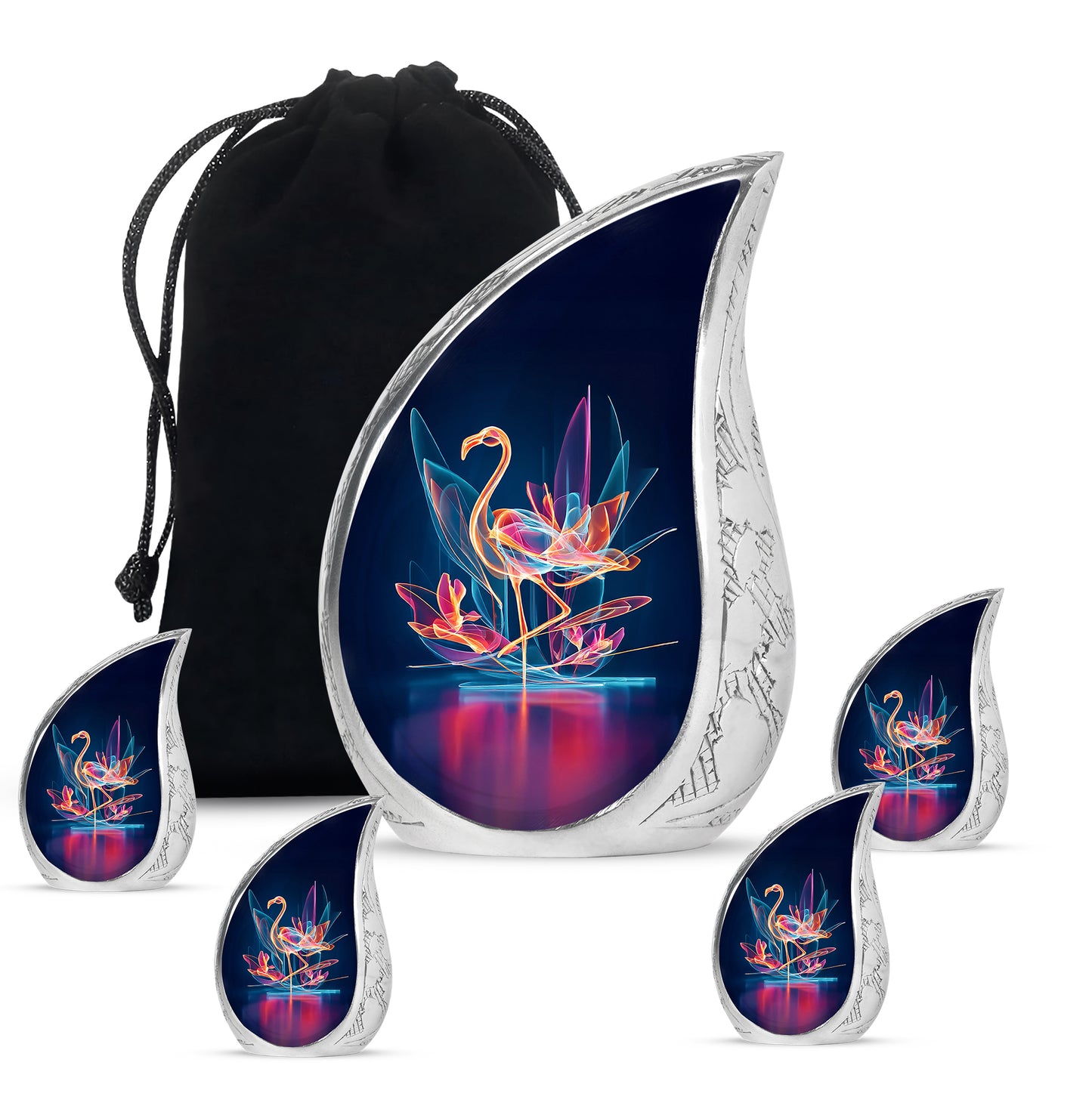 Twilight Blue Flamingo Cremation Urn side profile showing urn shape - smooth teardrop contour featuring flamingo art - memorial set with one large and four small urns