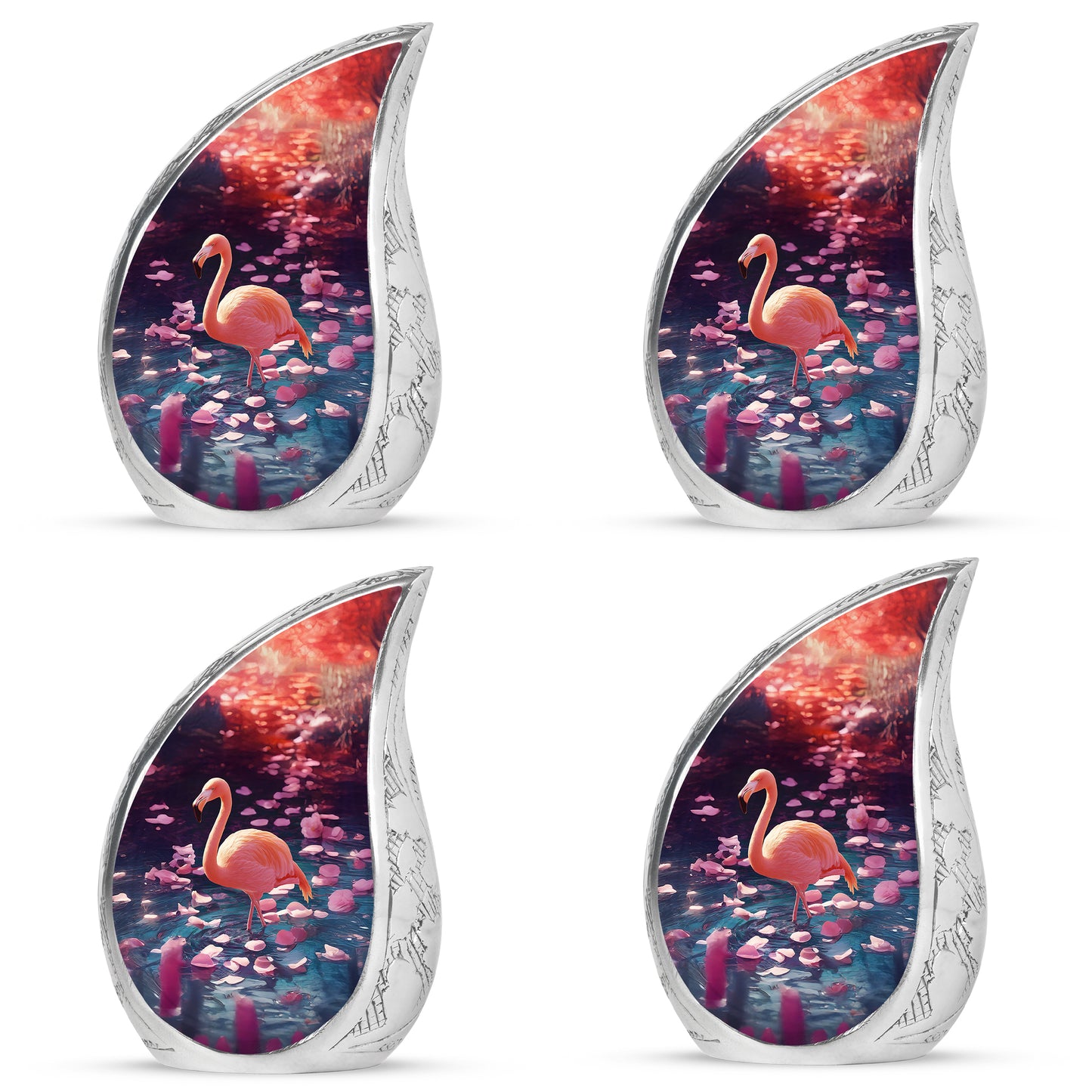 Plum Purple Flamingo Cremation Urn close-up of engraving and surface detail - flowing teardrop flamingo silhouette on curved aluminum - 10 inch aluminum urn for cremated remains