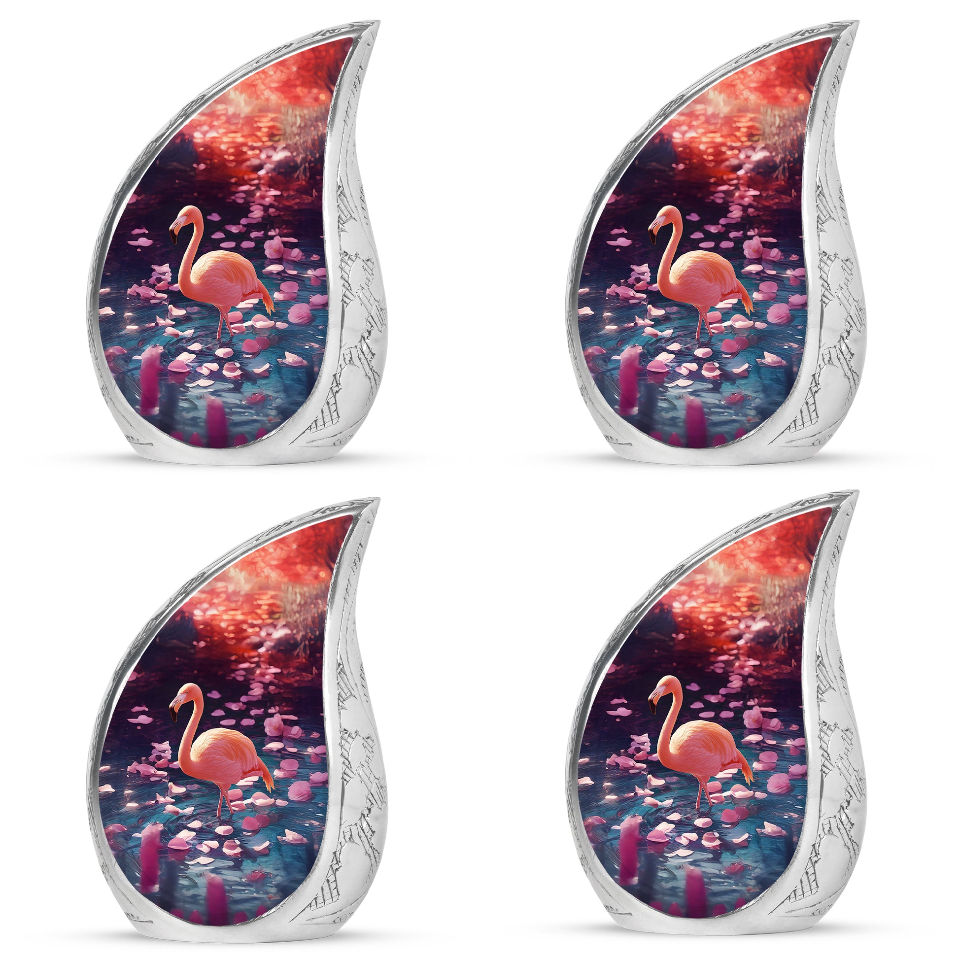 Plum Purple Flamingo Cremation Urn close-up of engraving and surface detail - flowing teardrop flamingo silhouette on curved aluminum - 10 inch aluminum urn for cremated remains