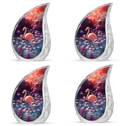 Plum Purple Flamingo Cremation Urn close-up of engraving and surface detail - flowing teardrop flamingo silhouette on curved aluminum - 10 inch aluminum urn for cremated remains
