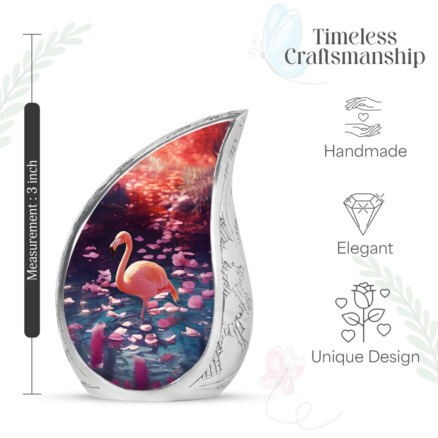Royal Purple Flamingo Cremation Urn angled view of lid and engraved motif - smooth teardrop contour featuring flamingo art - mini keepsake memorial for portion of cremation ashes
