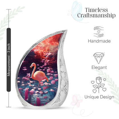 Royal Purple Flamingo Cremation Urn angled view of lid and engraved motif - smooth teardrop contour featuring flamingo art - mini keepsake memorial for portion of cremation ashes