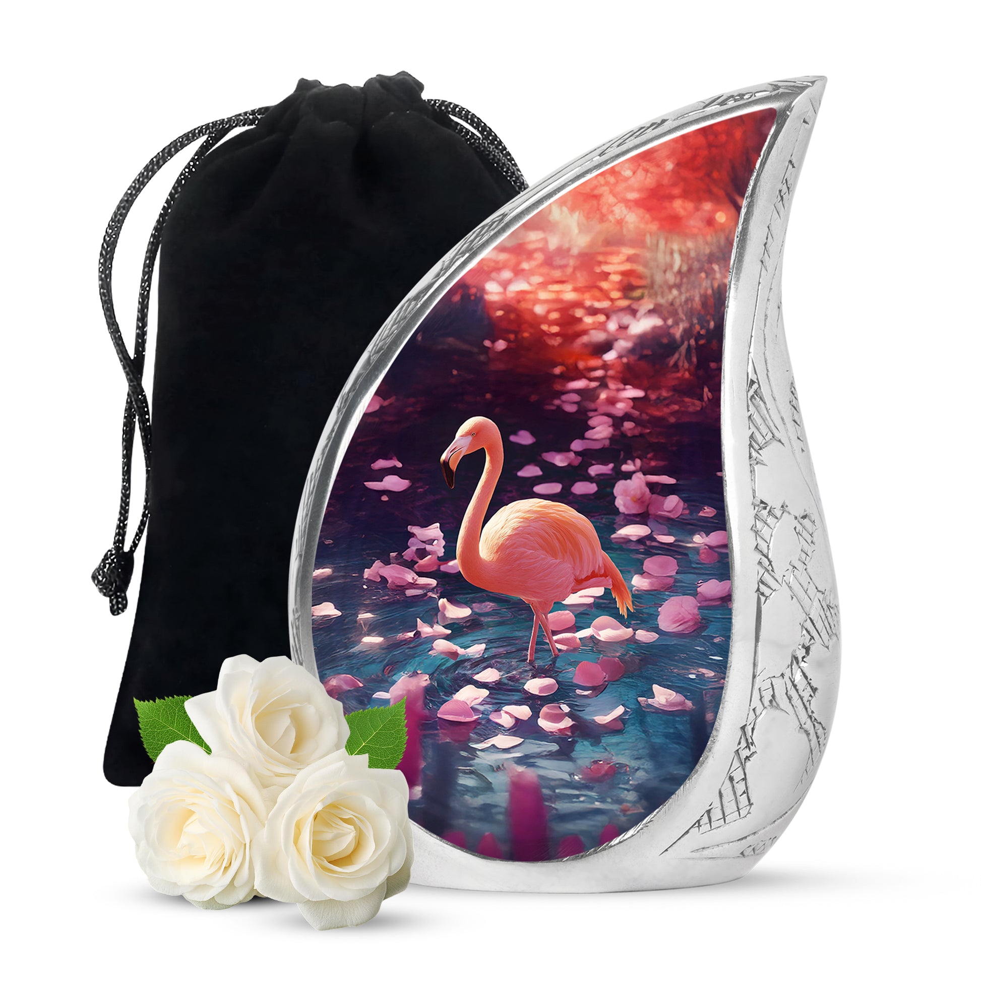 Majestic Purple Flamingo Cremation Urn front view showing detailed design - flowing teardrop flamingo silhouette on curved aluminum - full-size 10 inch 200 cubic inch adult cremation urn