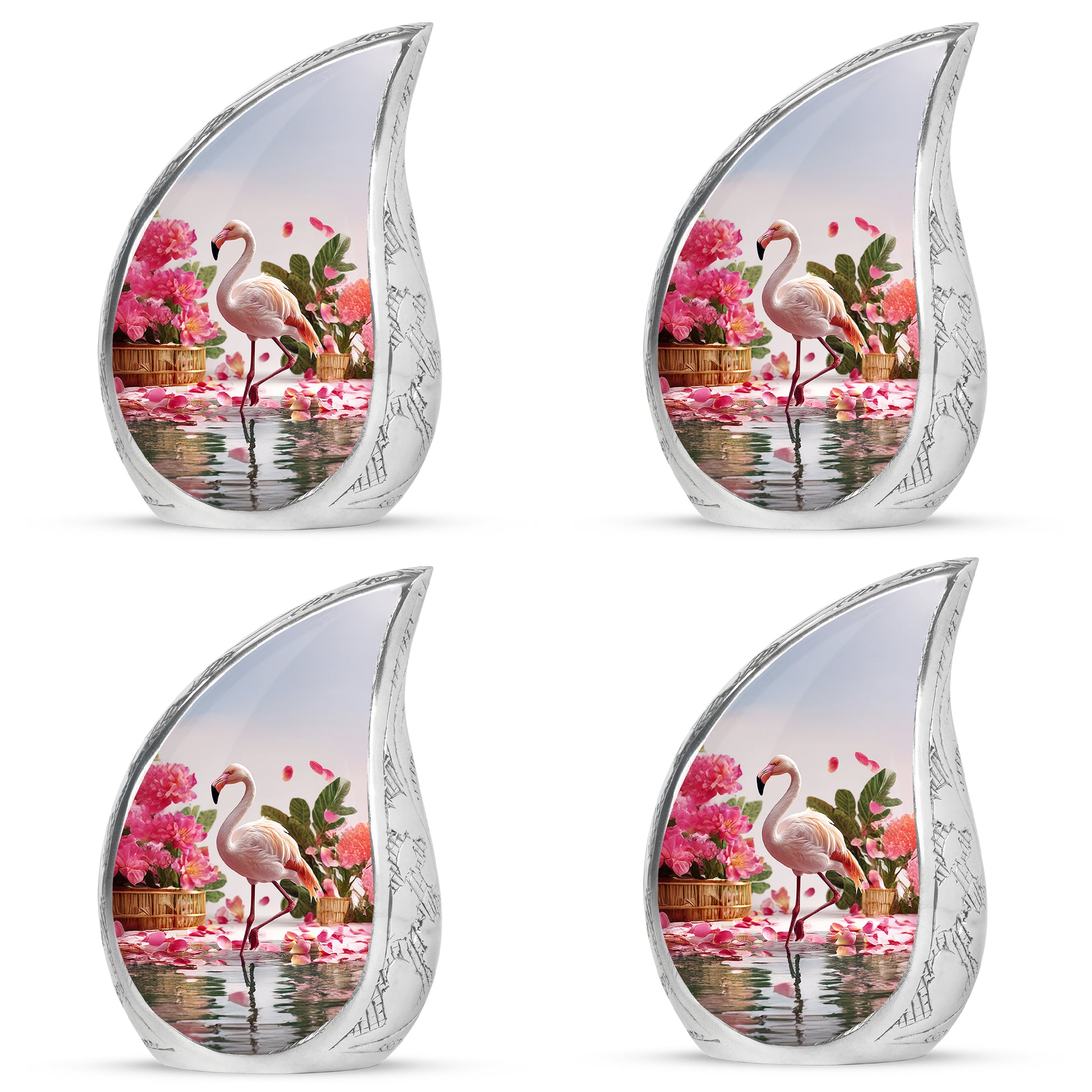 Gleaming Silver Flamingo Cremation Urn close-up of engraving and surface detail - rounded teardrop flamingo design with delicate detail - 10 inch aluminum urn for cremated remains
