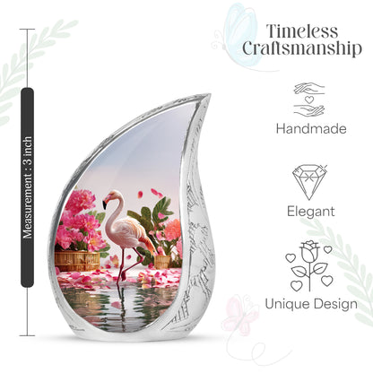 Chrome Silver Flamingo Cremation Urn angled view of lid and engraved motif - smooth teardrop contour featuring flamingo art - mini keepsake memorial for portion of cremation ashes