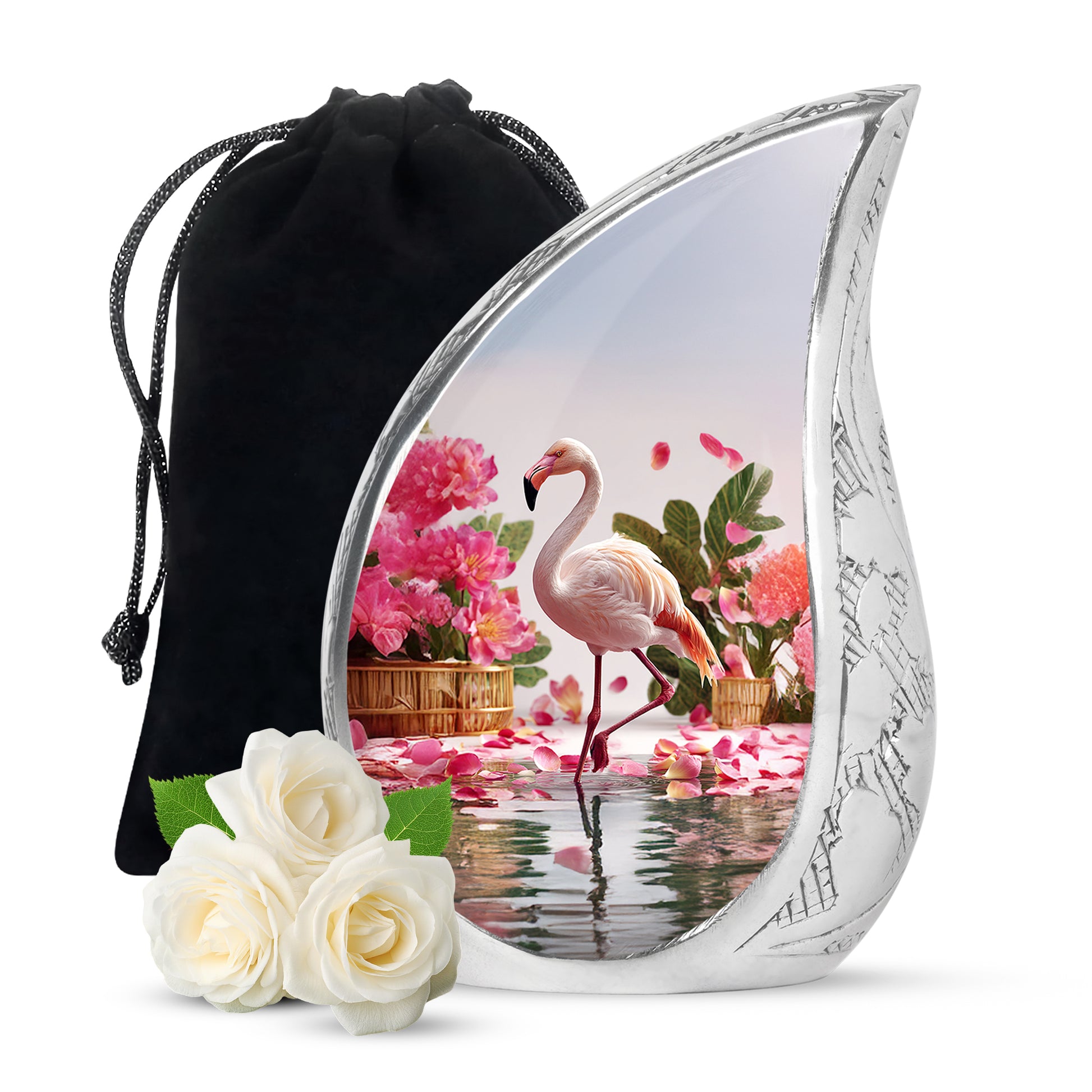 Frosted Silver Flamingo Cremation Urn front view showing detailed design - smooth teardrop contour featuring flamingo art - full-size 10 inch 200 cubic inch adult cremation urn