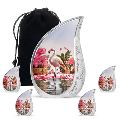 Satin Silver Flamingo Cremation Urn side profile showing urn shape - rounded teardrop flamingo design with delicate detail - memorial set with one large and four small urns