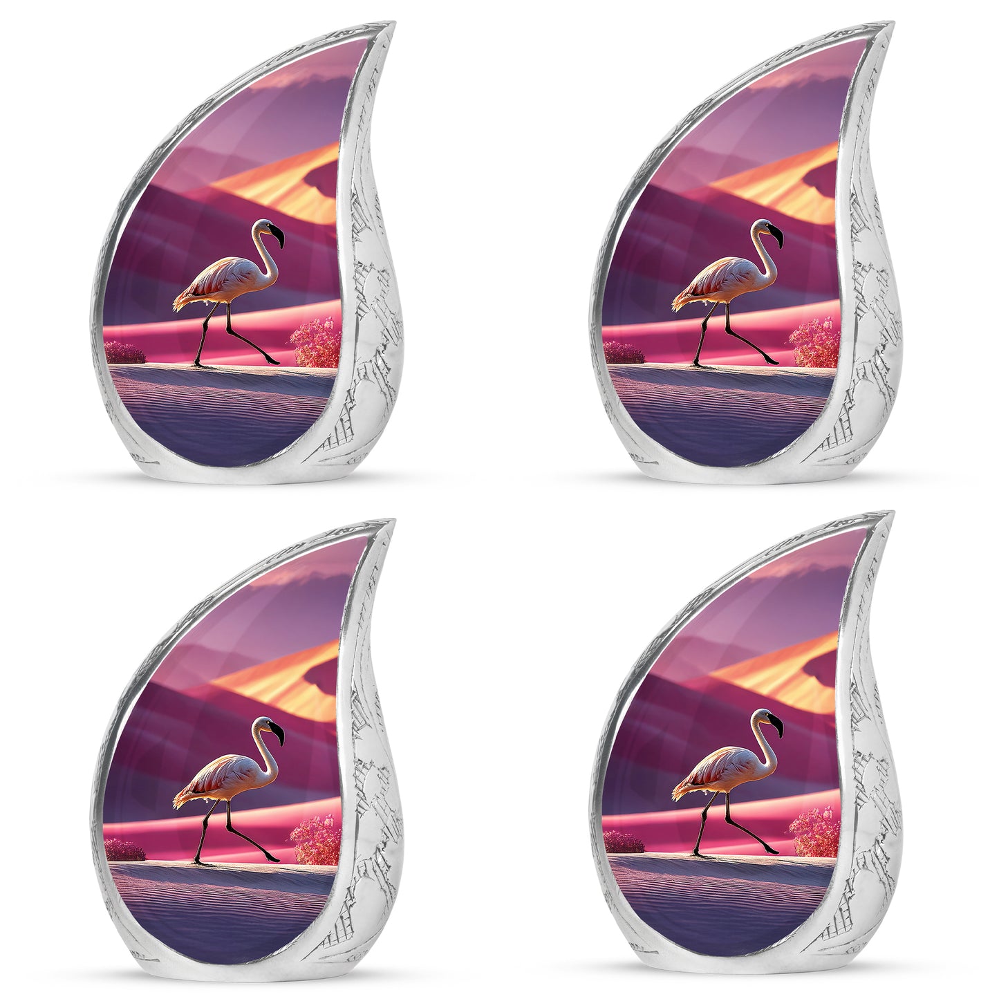 Salmon Pink Flamingo Cremation Urn close-up of engraving and surface detail - graceful tear-shaped urn with flamingo motif - 10 inch aluminum urn for cremated remains