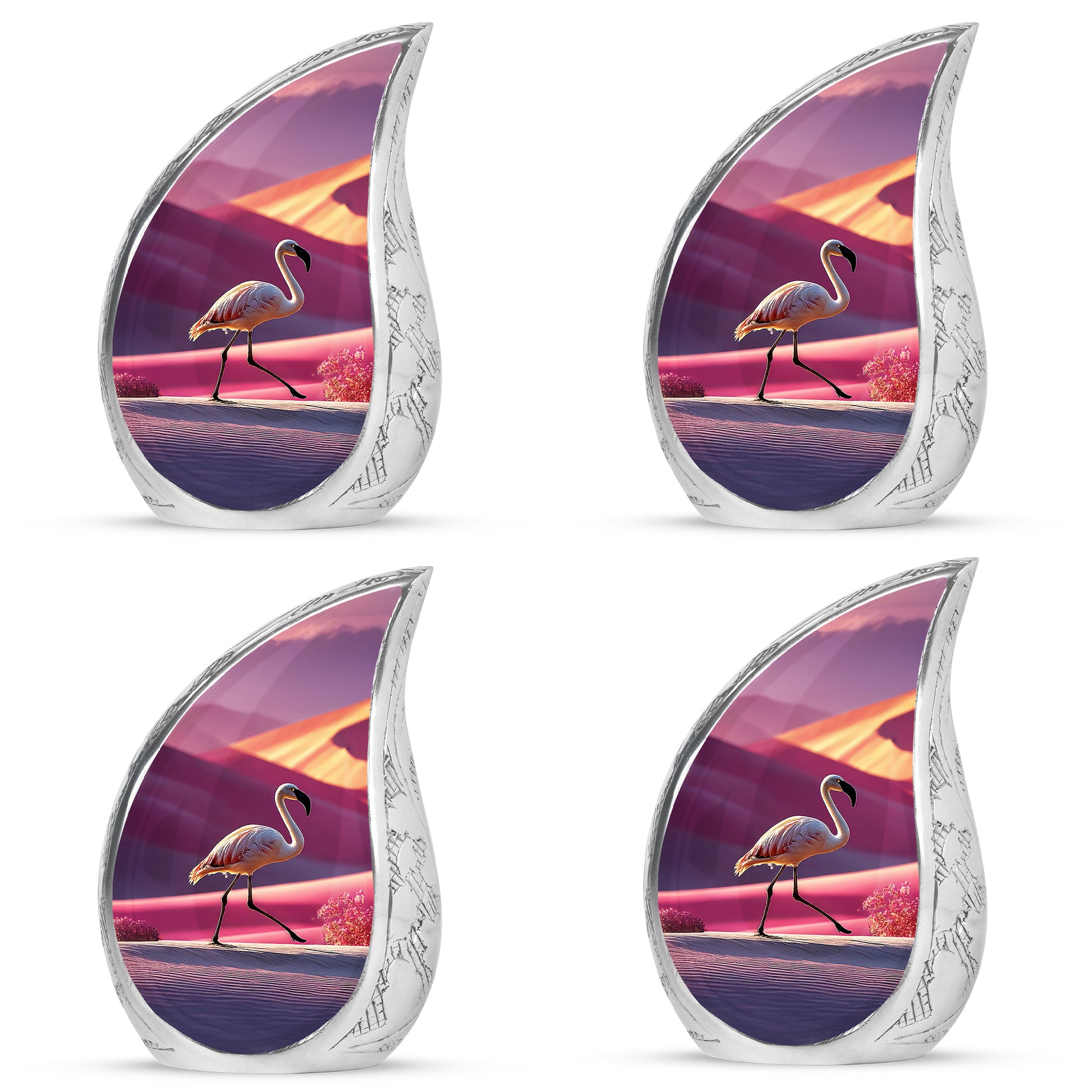 Salmon Pink Flamingo Cremation Urn close-up of engraving and surface detail - graceful tear-shaped urn with flamingo motif - 10 inch aluminum urn for cremated remains
